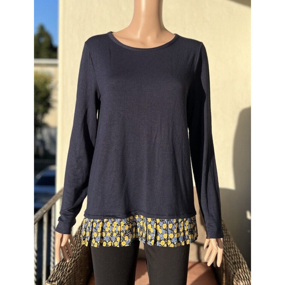 J Crew Factory Long Sleeve Pleated Hem AC684 Size Medium Navy Layered Look Top